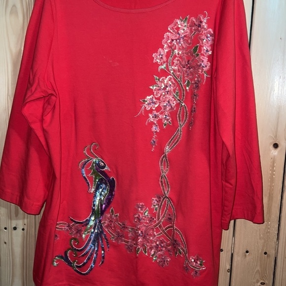 Bob Mackie Peacock Design Sequin Red Blouse S - Picture 2 of 5